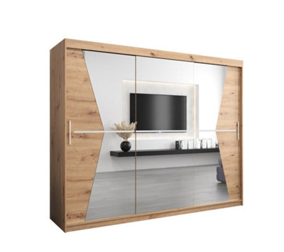 Morocco Contemporary 3 Mirrored Sliding Door Wardrobe 9 Shelves 2 Rails Oak Artisan Effect (H)2000mm (W)2500mm (D)620mm