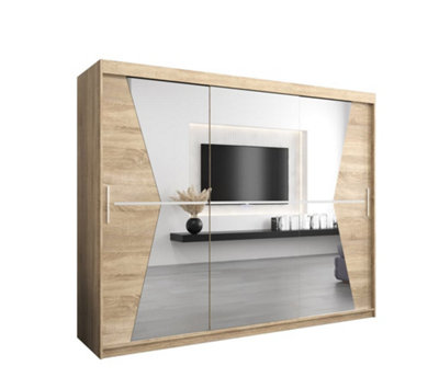 Morocco Contemporary 3 Mirrored Sliding Door Wardrobe 9 Shelves 2 Rails Oak Sonoma Effect (H)2000mm (W)2500mm (D)620mm