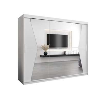 Morocco Contemporary 3 Mirrored Sliding Door Wardrobe 9 Shelves 2 Rails White Matt (H)2000mm (W)2500mm (D)620mm