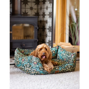 Morris & Co. Box Bed for Dogs, Blackthorn Print, Reversible Plush Cushion, Thickly Padded, 55cm x 42cm, Small
