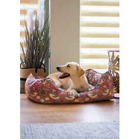 Morris & Co. Box Bed for Dogs, Red Strawberry Thief Print, Reversible Plush Cushion, Thickly Padded, 55cm x 42cm, Small