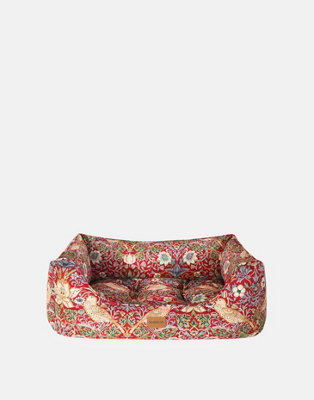 Morris & Co. Box Bed for Dogs, Red Strawberry Thief Print, Reversible Plush Cushion, Thickly Padded, 69cm x 52cm, Medium