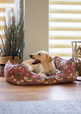 Morris & Co. Box Bed for Dogs, Red Strawberry Thief Print, Reversible Plush Cushion, Thickly Padded, 80cm x 62cm, Large