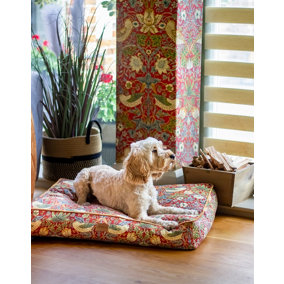 Morris & Co. Dog Mattress, Red Strawberry Thief Print, Thickly Padded, 100cm x 80cm, Large