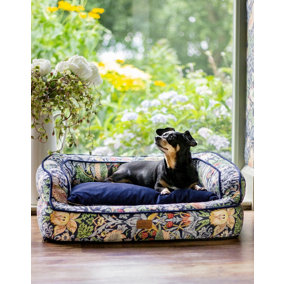 Morris & Co. Sofa Bed for Dogs, Navy Strawberry Thief Print, with Memory Foam for Extra Comfort, 68cm x 55cm, Medium