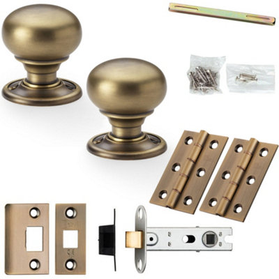 Mortice Door Knob & Latch Pack - Antique Brass - 41mm Smooth Mushroom On Round Rose