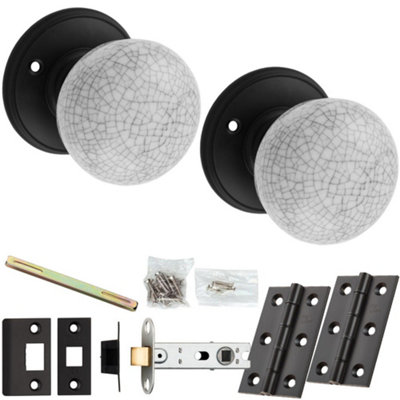 Mortice Door Knob & Latch Pack - Matt Black & Midnight Crackle Porcelain On Round Rose