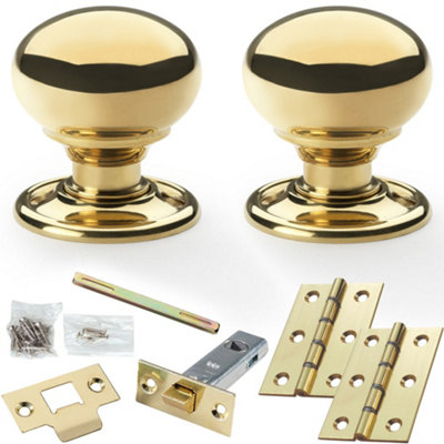 Mortice Door Knob & Latch Pack - Polished Brass - 41mm Smooth Mushroom On Round Rose