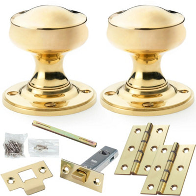 Mortice Door Knob & Latch Pack - Polished Brass - 50mm Smooth Georgian On Round Rose