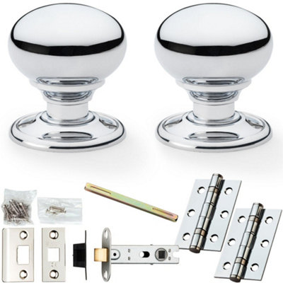 Mortice Door Knob & Latch Pack - Polished Chrome - 41mm Smooth Mushroom On Round Rose