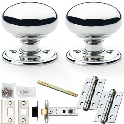 Mortice Door Knob & Latch Pack - Polished Chrome - 51mm Smooth Mushroom On Round Rose