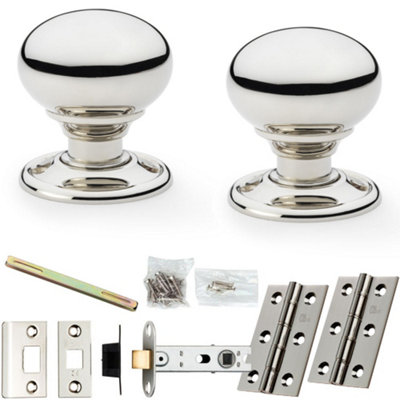 Mortice Door Knob & Latch Pack - Polished Nickel - 41mm Smooth Mushroom On Round Rose