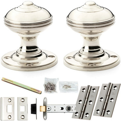 Mortice Door Knob & Latch Pack - Polished Nickel - 50mm Classic Reeded On Round Rose