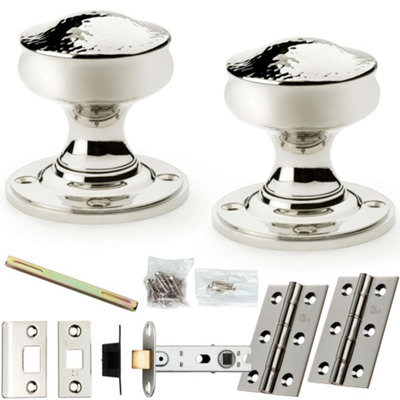 Mortice Door Knob & Latch Pack - Polished Nickel - 50mm Hammered Georgian On Round Rose