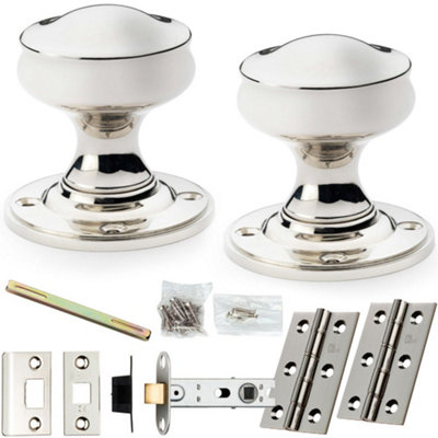 Mortice Door Knob & Latch Pack - Polished Nickel - 50mm Smooth Georgian On Round Rose