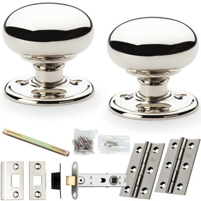 Mortice Door Knob & Latch Pack - Polished Nickel - 51mm Smooth Mushroom On Round Rose