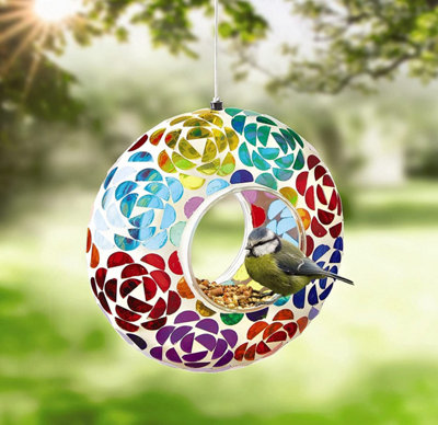 Mosaic Patterned Bird Feeder - Weatherproof Seed Nut or Fat Ball Bird Feeding Station or Colourful Garden Ornament - 20.5cmx9.3cm