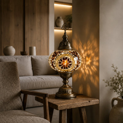 Mosaic Table Lamp Amber Glass Handmade Turkish Moroccan Desk Light