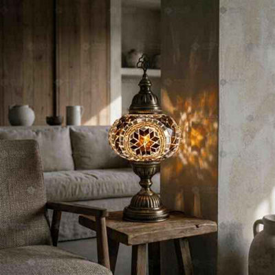 Mosaic Table Lamp Amber Glass Handmade Turkish Moroccan Desk Light