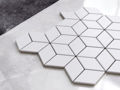 Mosaic tile sheet in ceramic on mesh 30.5cm x 26.5cm - White Geometric ...