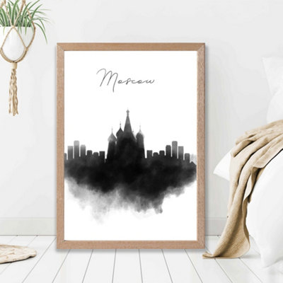 Moscow Watercolour Skyline City Framed Print SIZE: A2 with Oak Frame