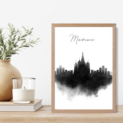 Moscow Watercolour Skyline City Framed Print SIZE: A4 with Oak Frame