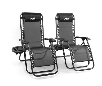 Mosii Sun Lounger Zero Gravity Reclining Chair Set of 2 Black with Cupholder and Headrest pillow