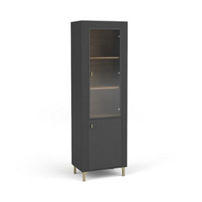 Mossa Contemporary Tall Display Cabinet in Black & Oak - W600mm x H1940mm x D400mm