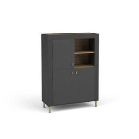 Mossa Elegant Highboard Cabinet in Black & Oak - W970mm x H1360mm x D400mm