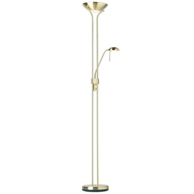 Mother & Child Floor Lamp Satin Brass 1.8m Twin Light Dimmer Flexible Reading