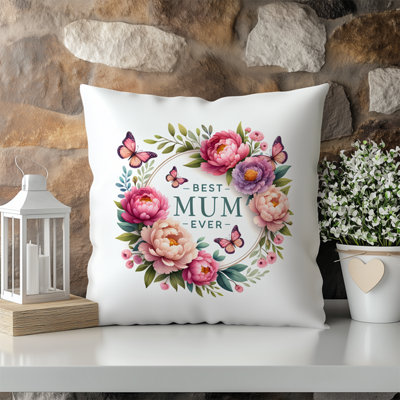 Mother's Day Best Mum Ever Printed Floral Faux Suede Cushion 45cm x 45cm