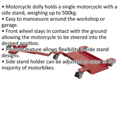 Motorcycle Rear Wheel Dolly - Side Stand - 500kg Weight Limit - Pivoting
