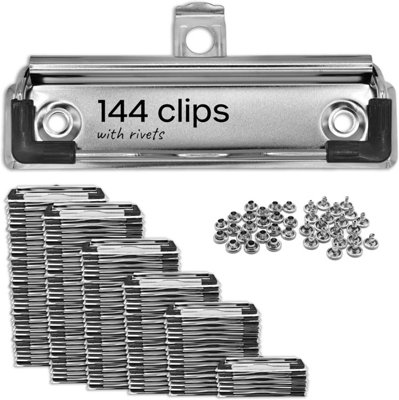 Mountable Clipboard Metal Clips 144 Pack Replacement with Spring-Loaded Design, Retractable Hanging Hole, and Rubber Edge