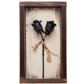 Mountable Wooden Frame with Black Forged Iron Roses - Ideal Iron Gifts for 6th Anniversary - Wrought Iron and Wood Fusion for Her