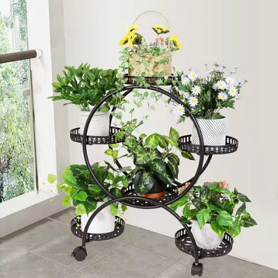 Movable 4 Tier Flower Stand , 6 Pot Plant Rack for Balcony or Indoor Use