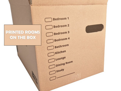 Moving Packing Kit, 20 Large Boxes with room list and hand holes. Includes 1 roll of tape.