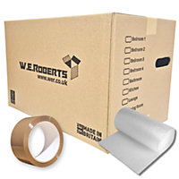 Moving Packing Kit, 20 Large Boxes with room list and hand holes. Includes 5m of Bubble wrap and 1 roll of tape.