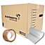 Moving Packing Kit, 20 Large Boxes with room list and hand holes. Includes 5m of Bubble wrap and 1 roll of tape.