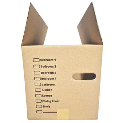 Moving Packing Kit, 30 Large Boxes with room list and hand holes. Includes 1 roll of tape.
