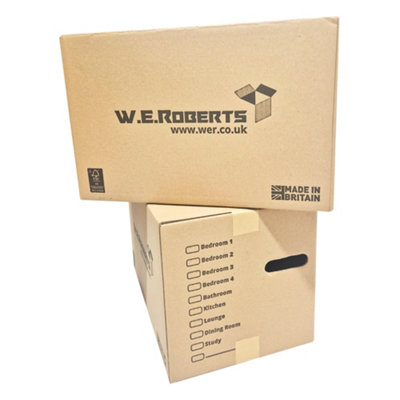 Moving Packing Kit, 5 Large Boxes with room list and hand holes. Includes 1 roll of tape.