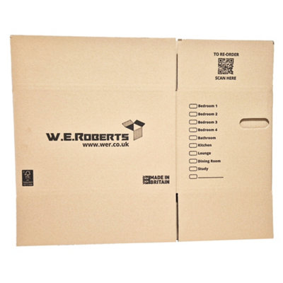 Moving Packing Kit, 5 Large Boxes with room list and hand holes. Includes 1 roll of tape.