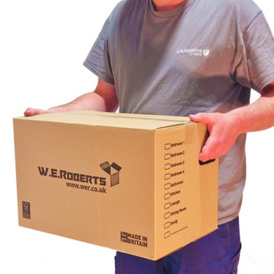 Moving Packing Kit, 5 Large Boxes with room list and hand holes. Includes 1 roll of tape.