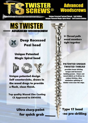 MS Twister Advanced Wood Screw,Self Drilling, Self Countersinking, Ultra Sharp Quick Grab Point