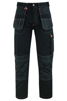 MS9 Men's Work Cargo Trousers Pants Jeans Comes with Multi Functional Pockets T5, Black - 32W/34L