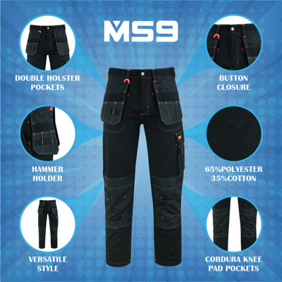 MS9 Men's Work Cargo Trousers Pants Jeans Comes with Multi Functional Pockets T5, Black - 32W/34L