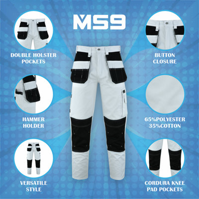 MS9 Men's Work Cargo Trousers Pants Jeans Comes with Multi Functional Pockets T5, White - 40W/34L