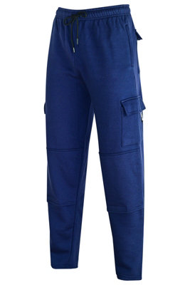 MS9 Mens Cargo Combat Fleece Trouser Work Tracksuit Jogging Bottoms Pants H20, NAVY - L