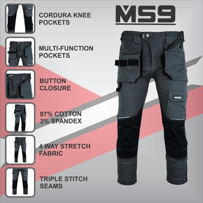 MS9 Mens Cargo Combat Slim Fit Stretch Spandex Elasticated Flexible Work Working Trouser Trousers Pants Jeans, Grey - 32W/34L