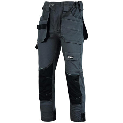 MS9 Mens Cargo Combat Slim Fit Stretch Spandex Elasticated Flexible Work Working Trouser Trousers Pants Jeans, Grey - 32W/34L