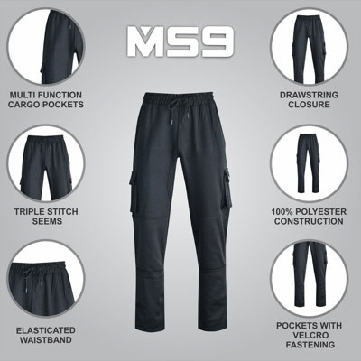 MS9 Mens Cargo Combat Work Trouser Tracksuit Jogging Bottoms Pants Joggers H10 Black S